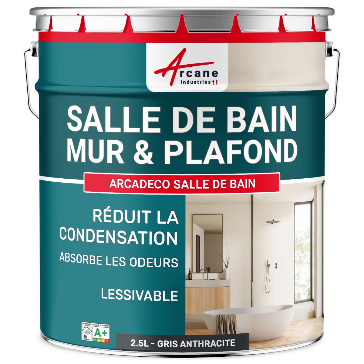 ARCANE INDUSTRIES Peinture salle de bain, mur et plafond | Peinture anti condensation et humidité | 29 couleurs disponibles - 2.5 L Gris Anthracite - RAL 7016