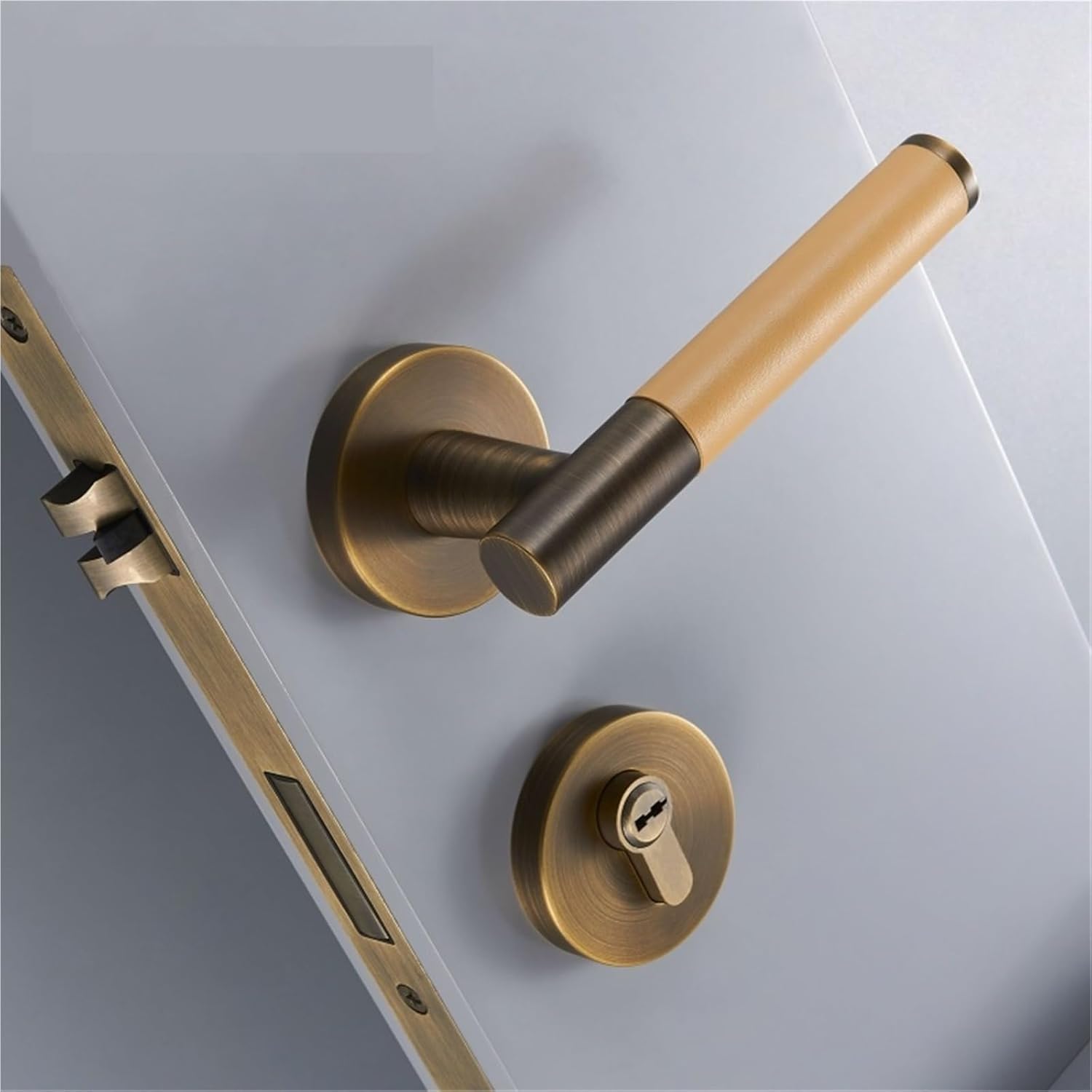 Brass Leather Door Lock Interior Double Wood Lever Dummy Handle 1Pcs(Dummy-Orange)
