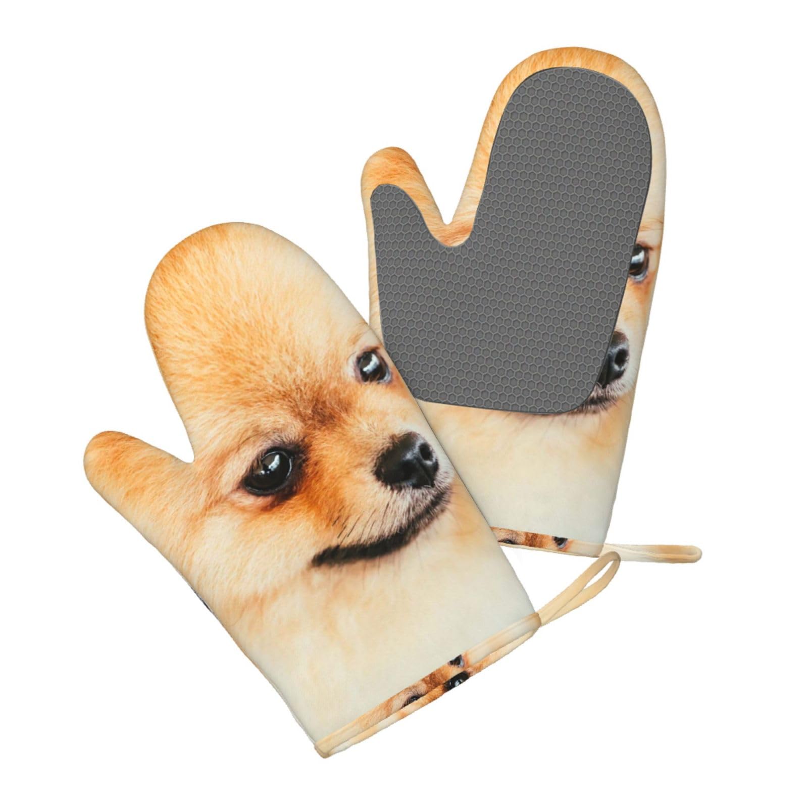 Silicone Oven Mitts Set 2PCS, Yellow pomeranian Printed Heat Resistant Non-Slip Silicone Oven Gloves for Kitchen Cooking Baking Microwave
