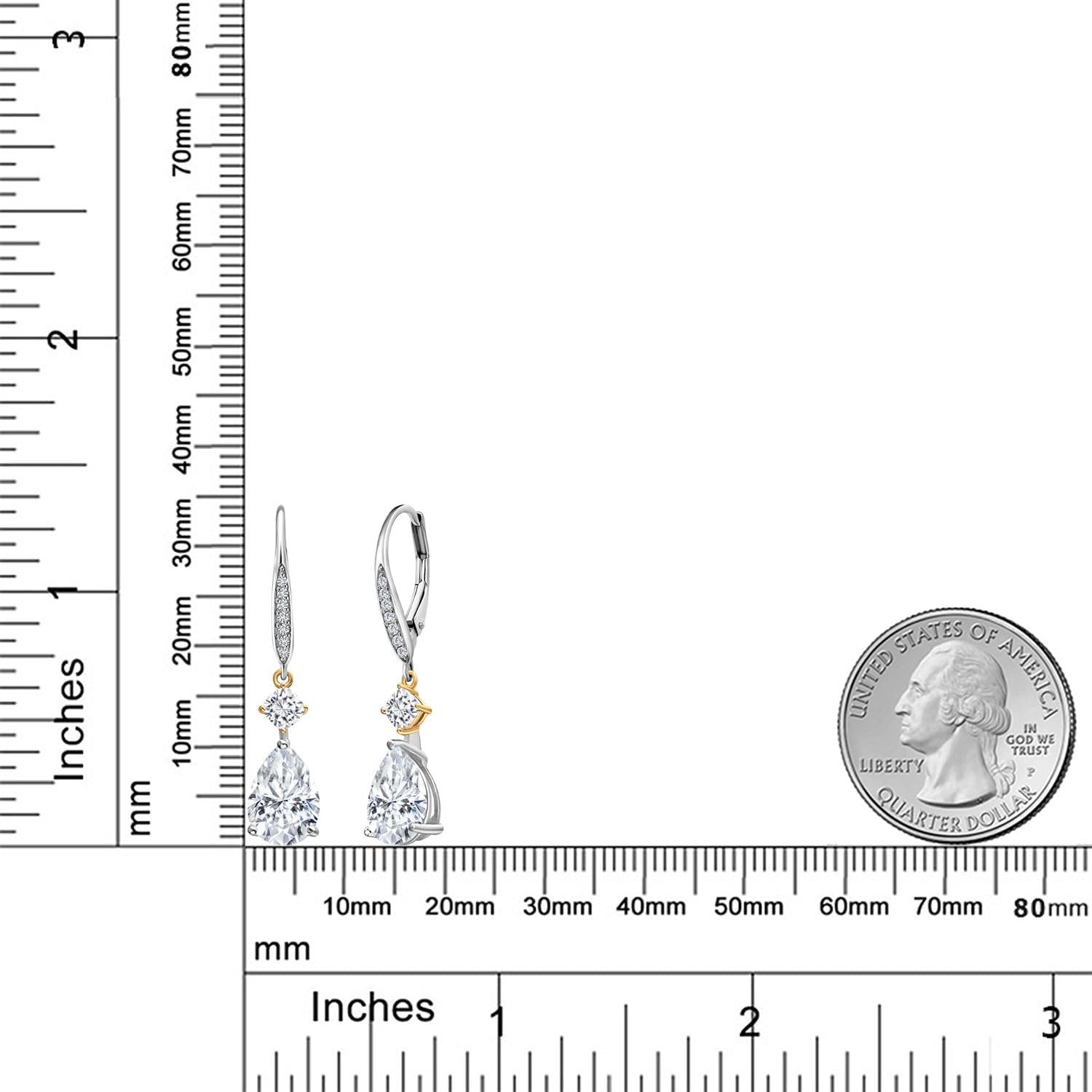 Gem Stone King 925 Silver and 10K Yellow Gold Gemstone Birthstone Moissanite and Lab Grown Diamond Drop Dangle Earrings for Women | Pear 10X7MM | Cushion 3.5MM | 2-Tone Leverback Fine Earrings