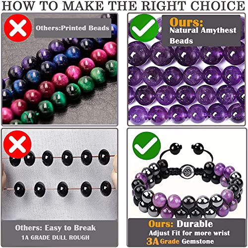 Triple Protection Bracelets For Men Women, Genuine Amethyst Black Obsidian Hematite 8Mm Beads Bracelet, Handmade Natural Stone Bracelets For Protection Healing Balance Birthday Anniversary Gift #TOP6