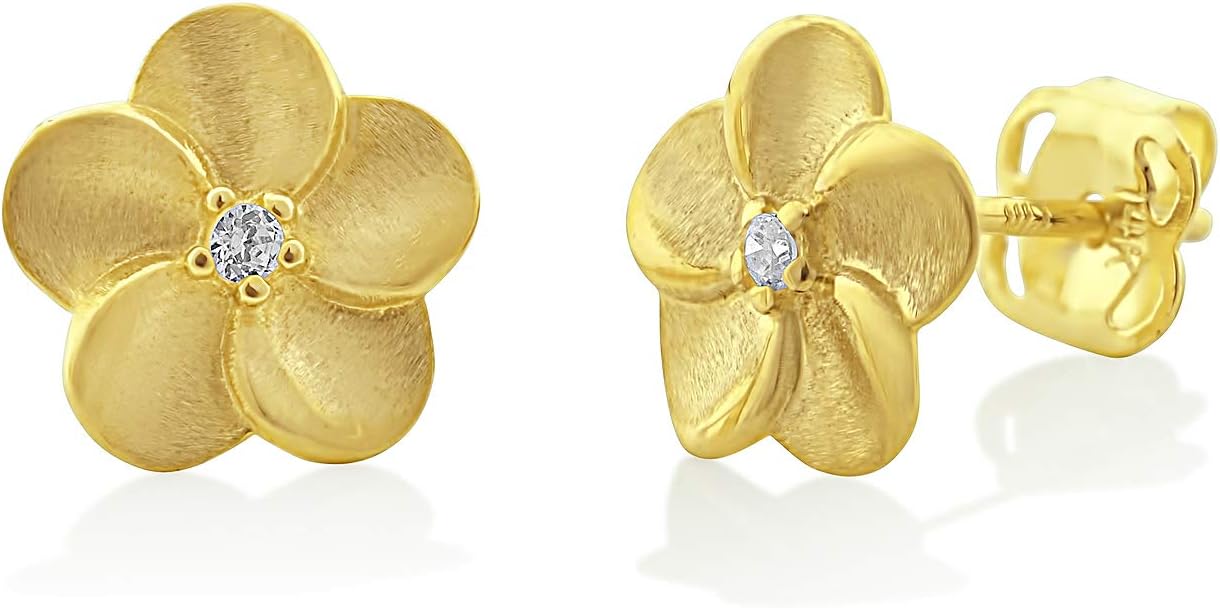 14K Yellow Gold Cz Small Plumeria Flower Stud Earrings - 0.26 in