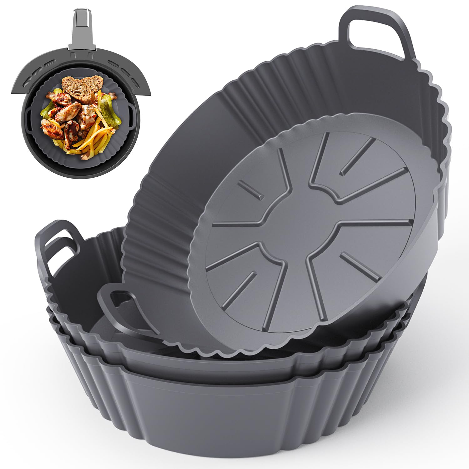PINTAUR Round Silicone Air Fryer Liners 3Pack, Ninja AF101 & AF161 Silicone Liners for 4-5.3QT, Reusable Air Fryer Accessories Food Grade Liners, Compatible with Ninja, COSORI, Tefal, Bear, Chefman