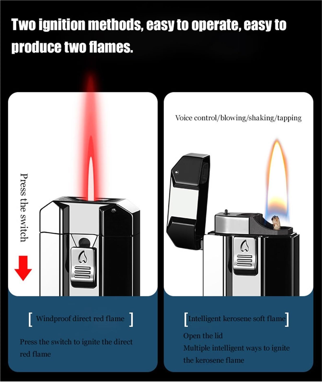 Encendedor de doble llama: butano y queroseno recargable, llama de chorro/suave, tanque de combustible visible, diseño de metal duradero, perfecto para el uso diario