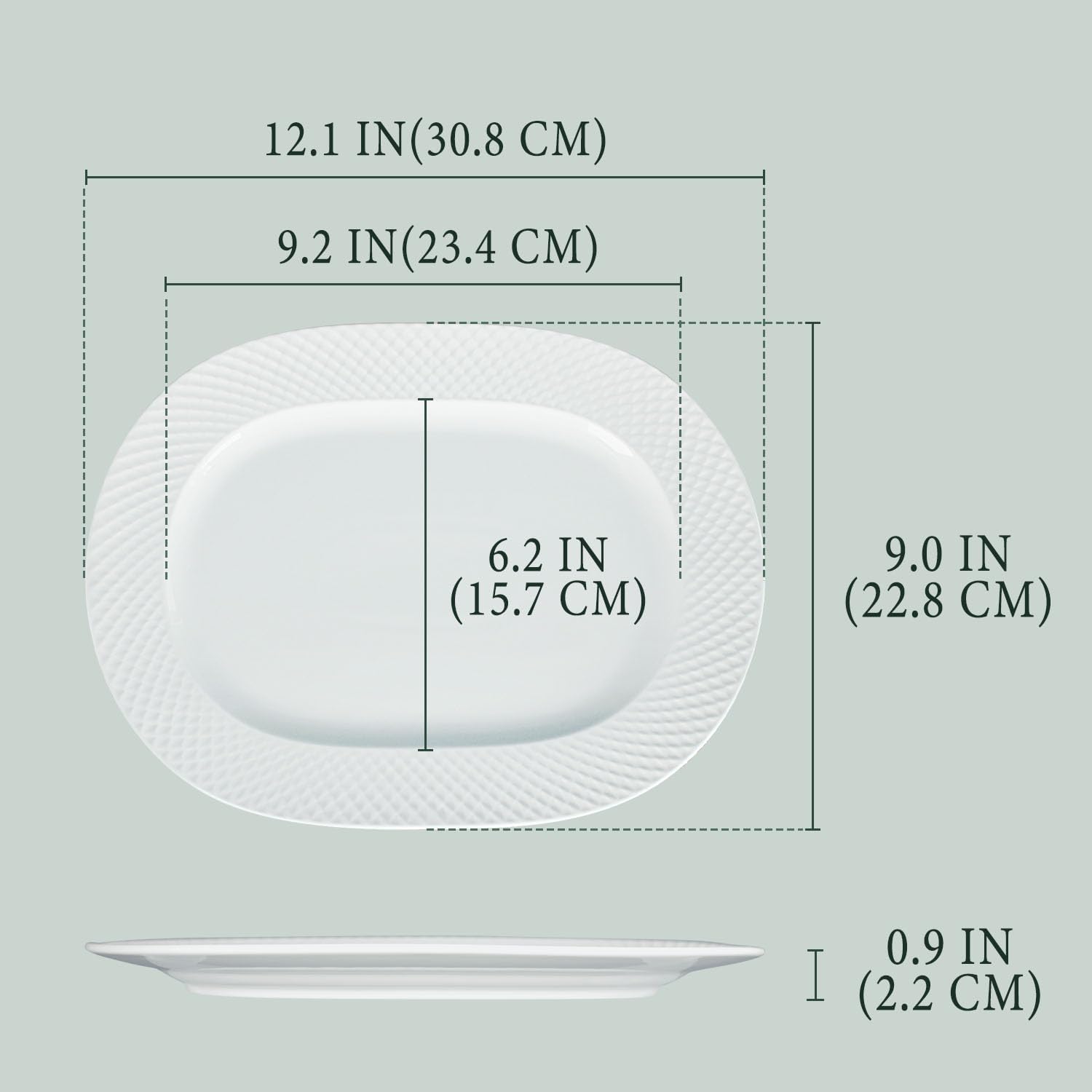 12-inch Ceramic Oval Plates (4-Piece Set): Dessert Plates, White Stackable Salad Plates, Appetizer Plates, Dinner Plates. Suitable for steak, bread, salads, desserts, etc.