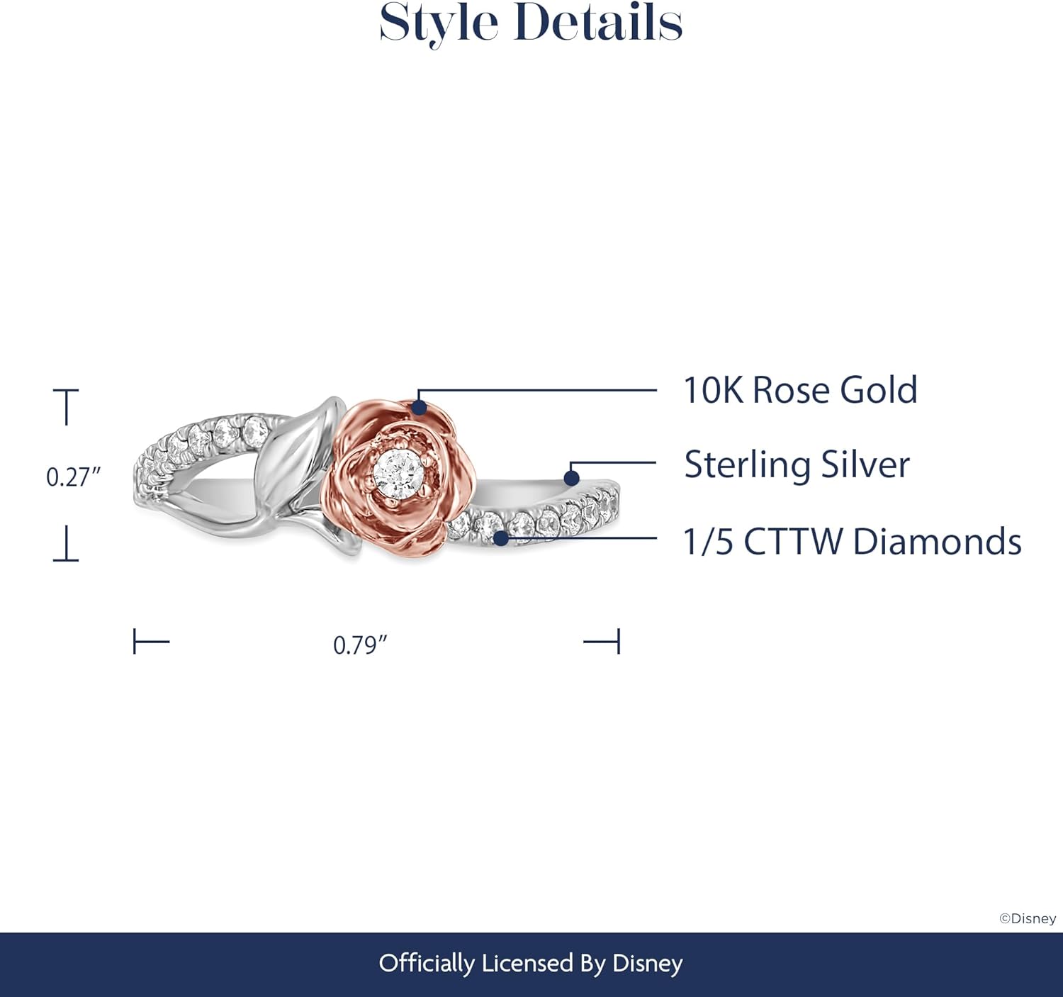 Jewelili Enchanted Disney Fine Jewelry Sterling Silver and 10K Rose Gold With 1/5 Cttw Diamond Belle Rose Ring