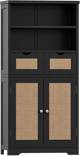 Irontar Gabinete de baño de ratán, Gabinete de despensa de cocina con 2 cajones extraíbles, Gabinete de almacenamiento de baño con 2 puertas y