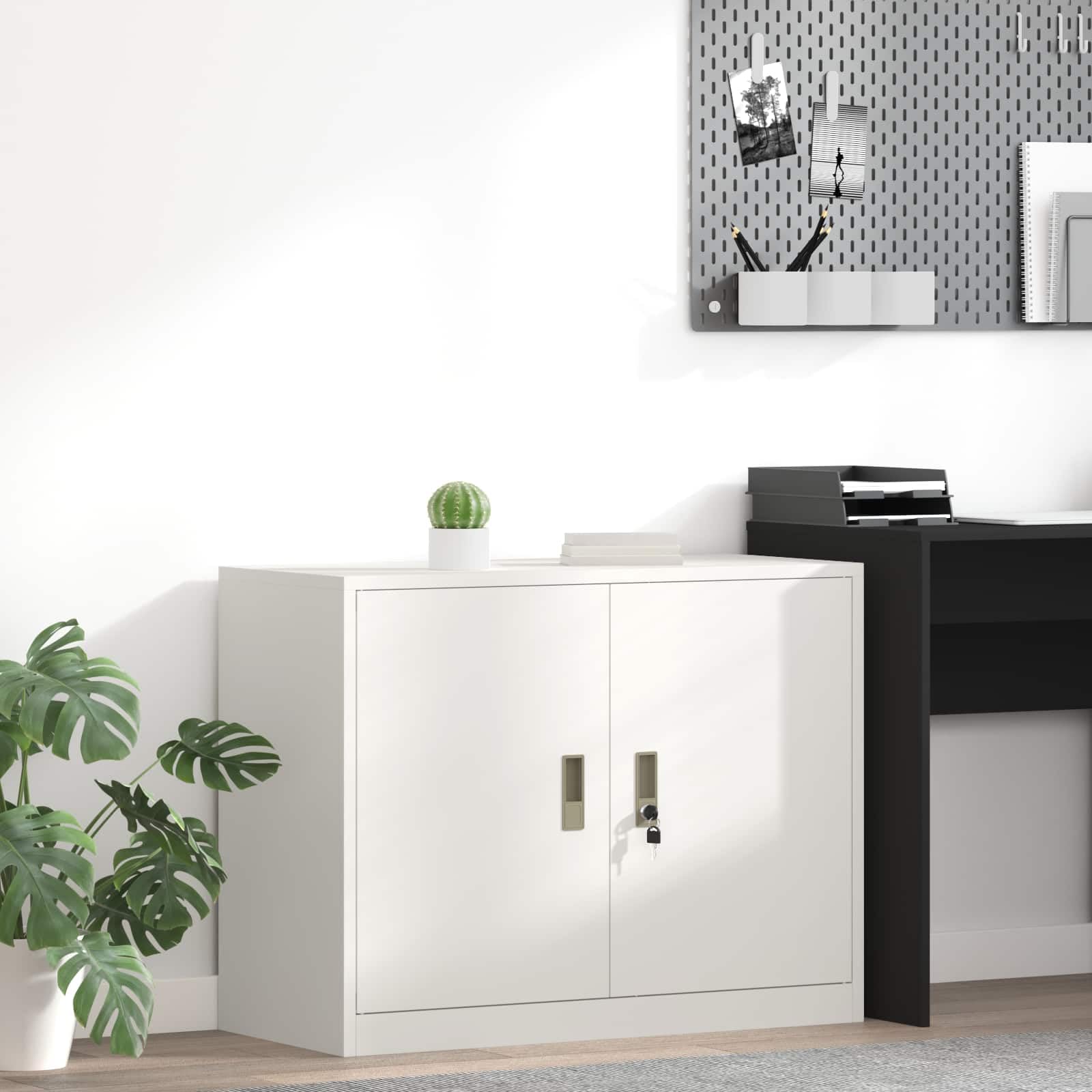 Armario de almacenamiento blanco de acero 90 x 40 x 70 cm con puertas con cerradura, ideal como armario de oficina, archivador, archivador, archivador, archivador colgante y pila de papel en