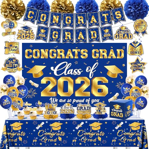 2026 Graduation Decorations Kit - Blue and Gold Class of 2026 Party Decor with Congrats Grad Banner Backdrop Hanging Swirls Paper Pompoms Balloons for High School College Graduation Party Supplies