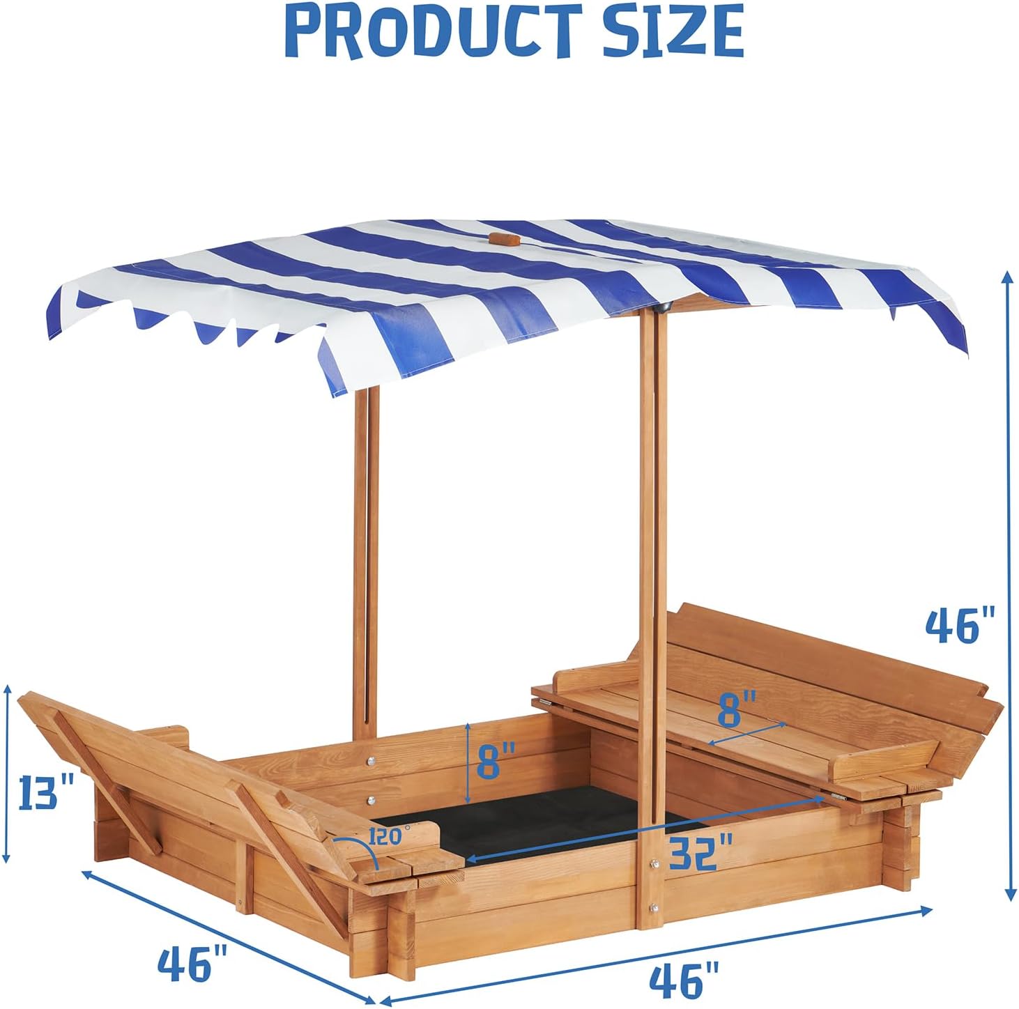 46" Wooden Sandbox with Canopy, Kids Outdoor Sand Box with 2 Foldable Bench Seats, Large Sandpit for Backyard Play, Splinter-Free Design