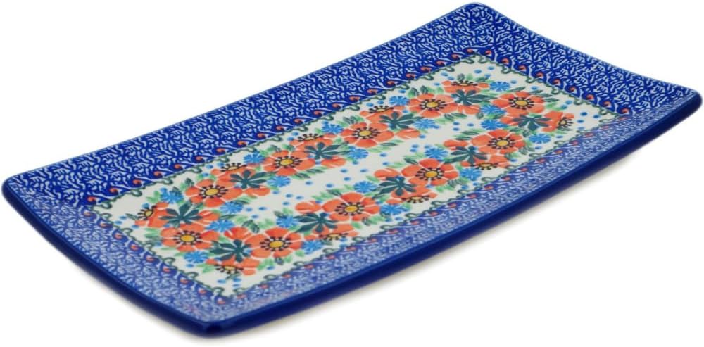 Polmedia Polish Pottery Sushi Tray UNIKAT - Orange Blooms Pattern Handmade in Boleslawiec Poland by Ceramika Artystyczna + Certificate of Authenticity