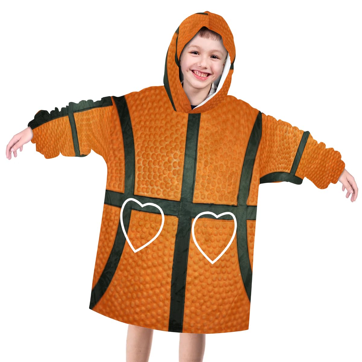 Wearable Blanket Hoodie for Kids, Orange Basketball Lace Fleece Sweatshirt Blanket Oversized Blanket Sweatshirt with Pocket Flannel Warm Hooded Blanket 6-10 Year Old Girl Boy Gift, One Size