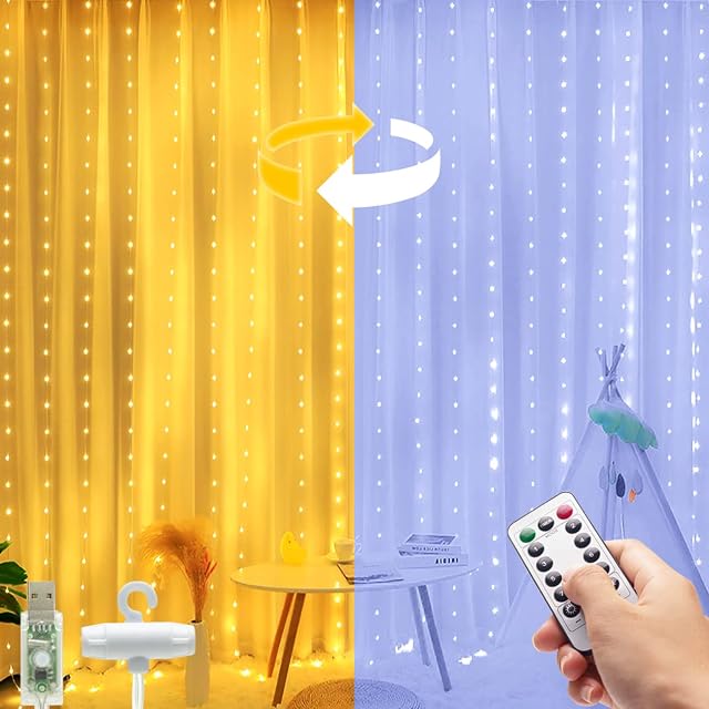 Curtain Fairy Lights, 3m x 3m 300 LED Warm White & Cool White USB Waterfall Fairy Lights with 8 Modes, Remote Control Timer Window Curtain String Lights for Indoor Xmas Party Home Garden Decoration