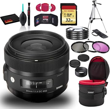 Sigma 30mm f/1.4 DC HSM Art Lens for Nikon F with Cleaning Kit, Tripod, 32GB Memory, USB Card Reader, Filters, and Case