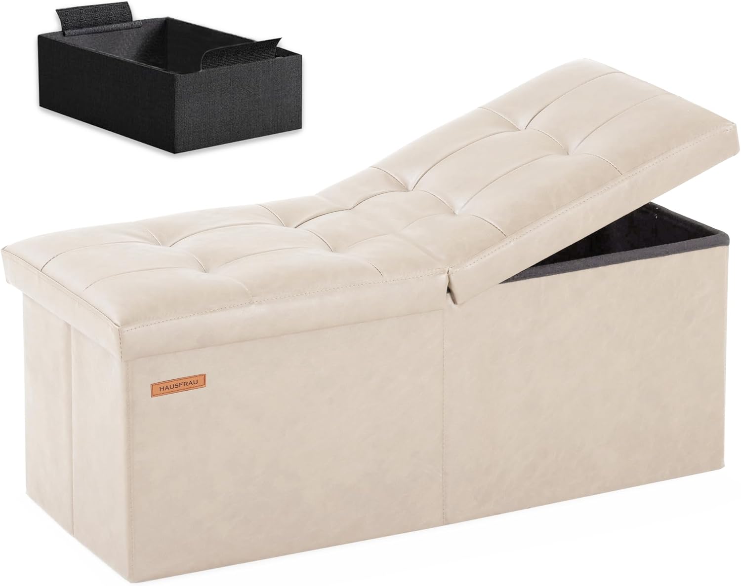 HAUSFRAU 31.5 Inches Ottoman with Storage Bench, Folding Ottoman Bench Small Foot Rest Stool, Bedroom Bench with Flipping Lid, Faux Leather Ivory
