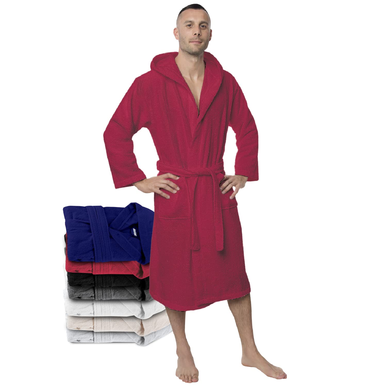 Twinzen Accappatoio per Uomo con Cappuccio in Spugna, 2 Tasche, Cintura Cotone Senza Prodotto Chimico, Oeko Tex - Vestaglia per Uscire dalla Doccia, Assorbente e Confortevole