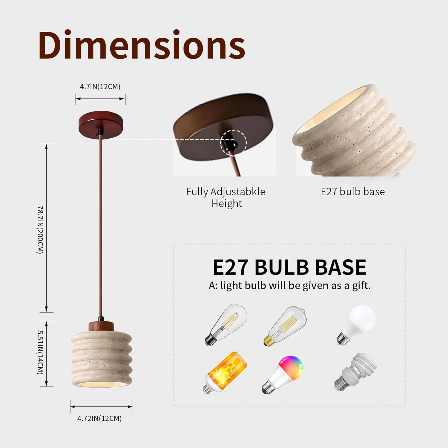 Stone Pendant Light - Nordic Wabi Sabi Lamp, Yellow Travertine Wabi Sabi Chandelier for Dining/Cafe/Restaurant, Adjustable Cord Stone Light for Indoor Use