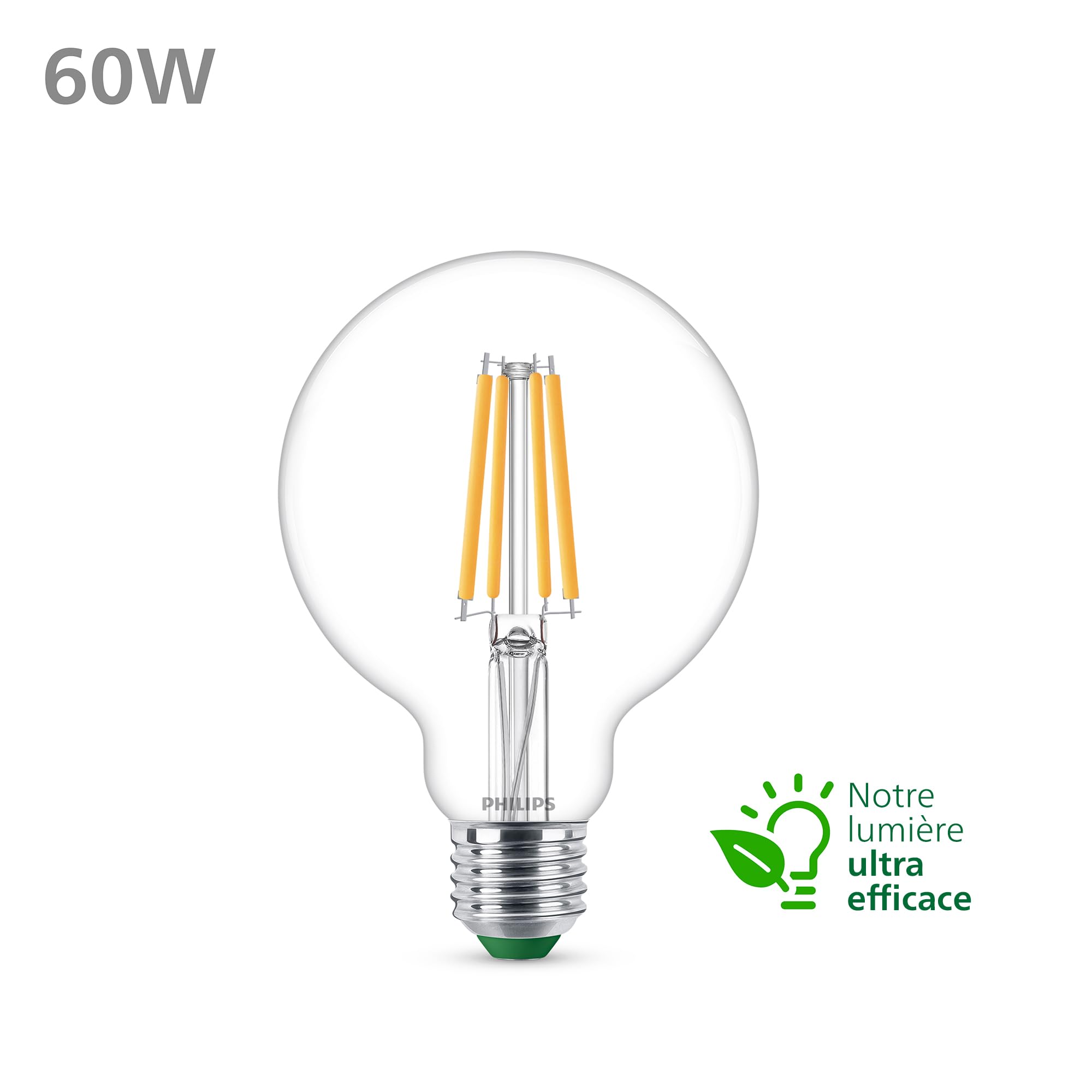 Philips LED Lampadina Globo a Filamento Classe A Ultra Efficiente a Risparmio Energetico, 60W, E27, Luce Bianca Fredda (Confezione da 2)