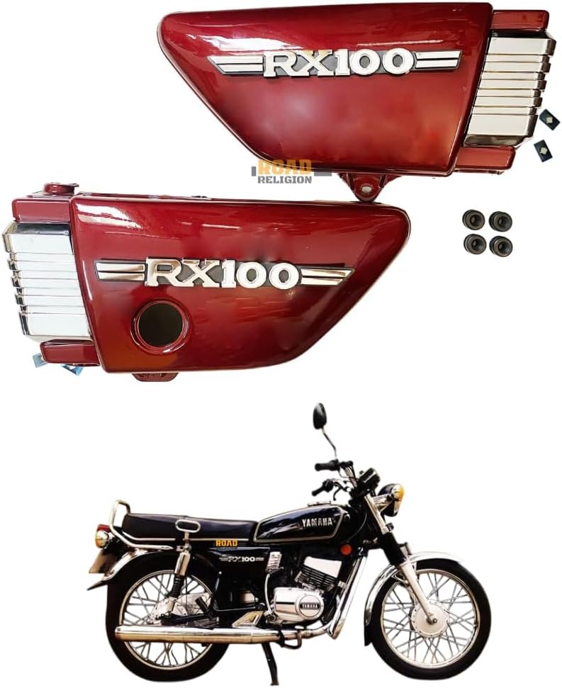 Superior-grade Side Panel with Rubber Fittings, RX100 Side Panel Monogram, 'L' Monogram compatible with Yamaha RX100 (Top Grade Plastic - Maroon/Cherry Color)