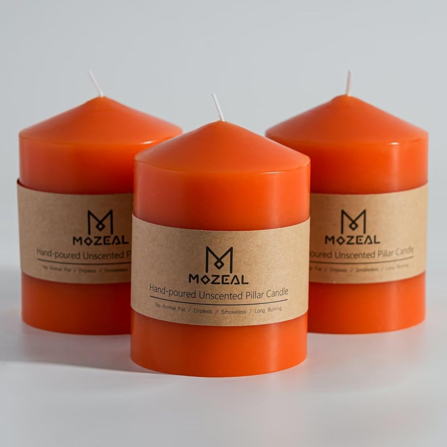 MOZEAL 3" x 4" HandPoured Unscented Orange Pillar Candles
