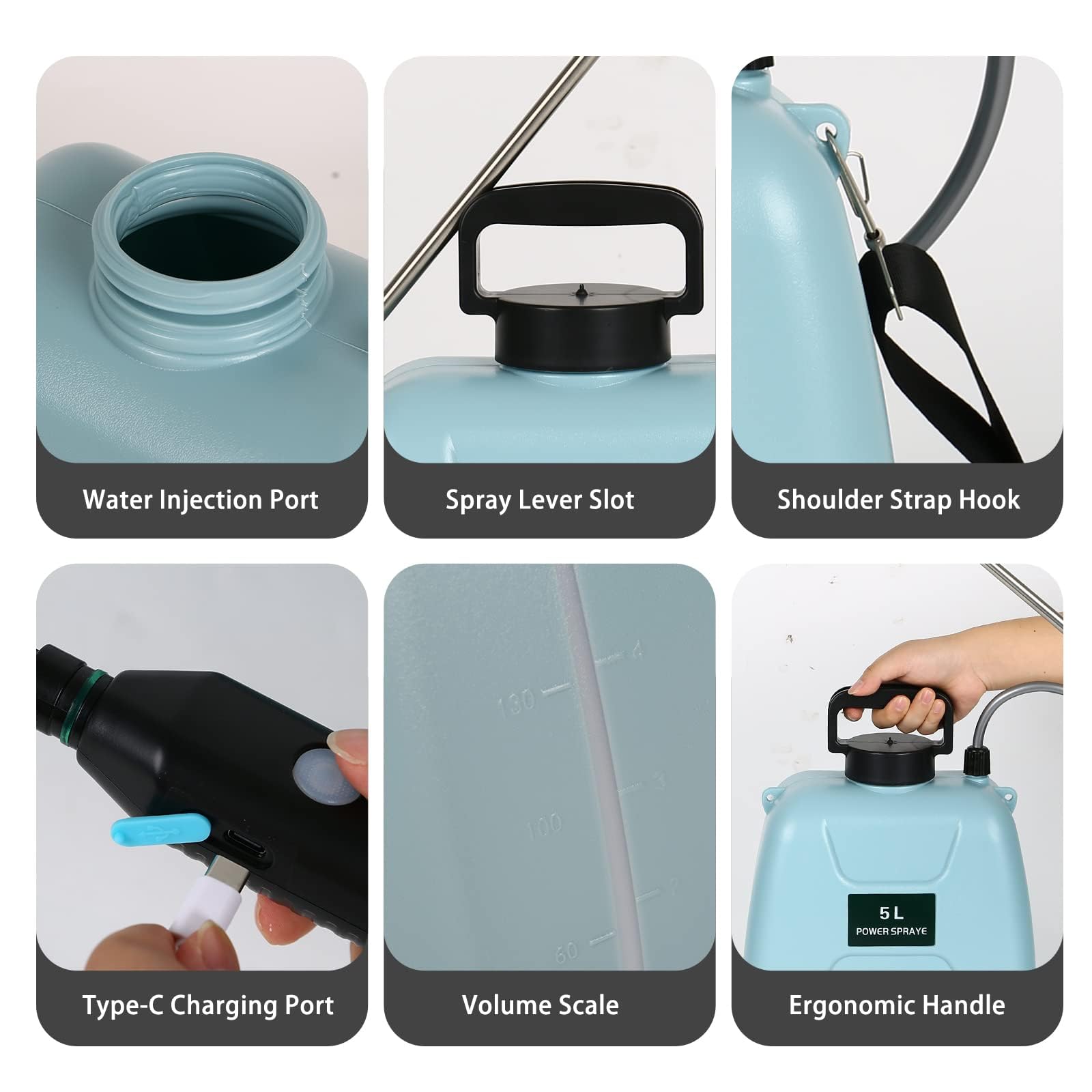 Procci Spruzzatore a batteria da 5 l, spruzzatore elettrico ad alta capacità e 3 ugelli per nebbia, manico ricaricabile da 2000 mAh, dura 180 minuti, spruzzatore da giardino, spruzzatore per erbacce