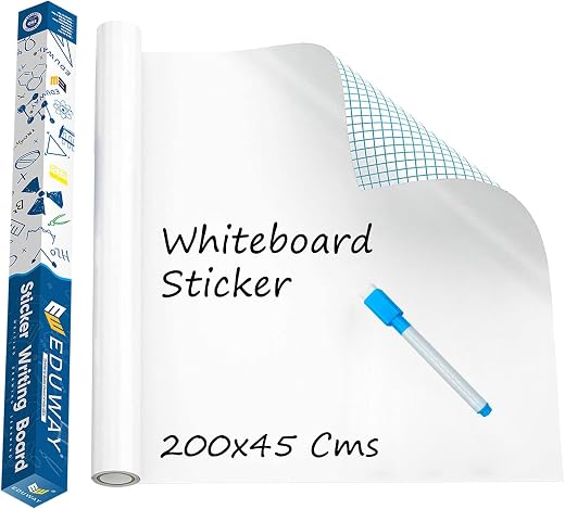 Eduway 1.5x6.5 Feet (45x200 cm) White Board Sticker for Wall | with 1 Marker | Self-Adhesive Whiteboard Removable Sheet, P...