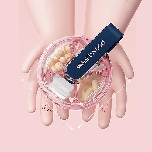 Miniatura 6 de Paquete de 1 organizador de píldoras verde redondo pequeño, 4 compartimentos, compacto y elegante estuche de pastillero de viaje para camping,