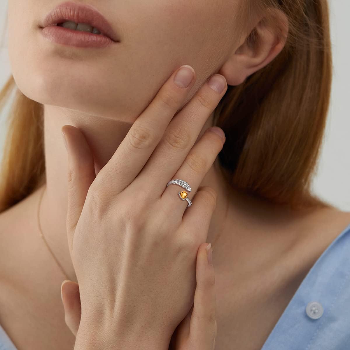 Silver Feather Ring, Birthstone Open Finger Rings for Women Adjustable Size 6-12