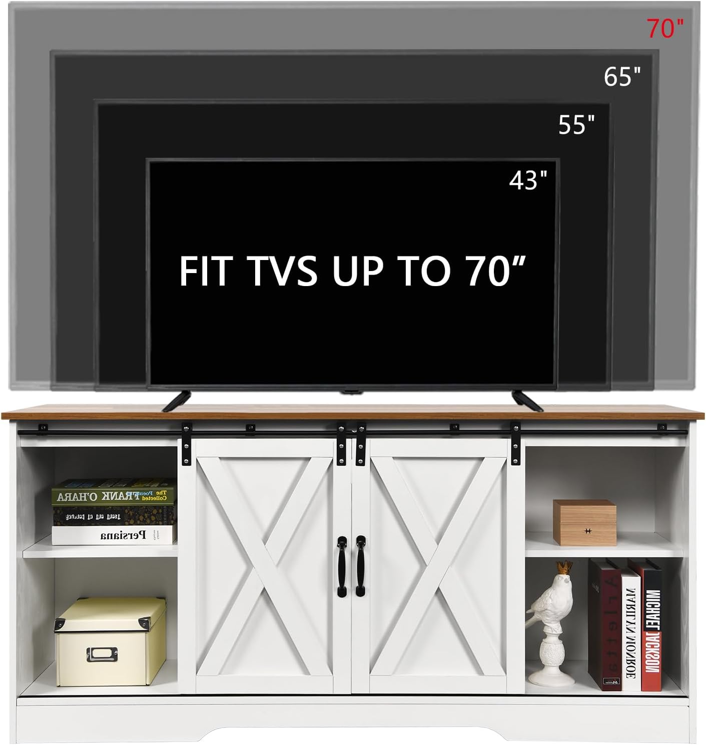 4 EVER WINNER TV Stand for 65 Inch TV for Living Room, Modern Farmhouse Barn Door TV Stand with Storage Cabinets and Adjustable Shelves for Bedroom, Media Entertainment Center TV Console Table, White