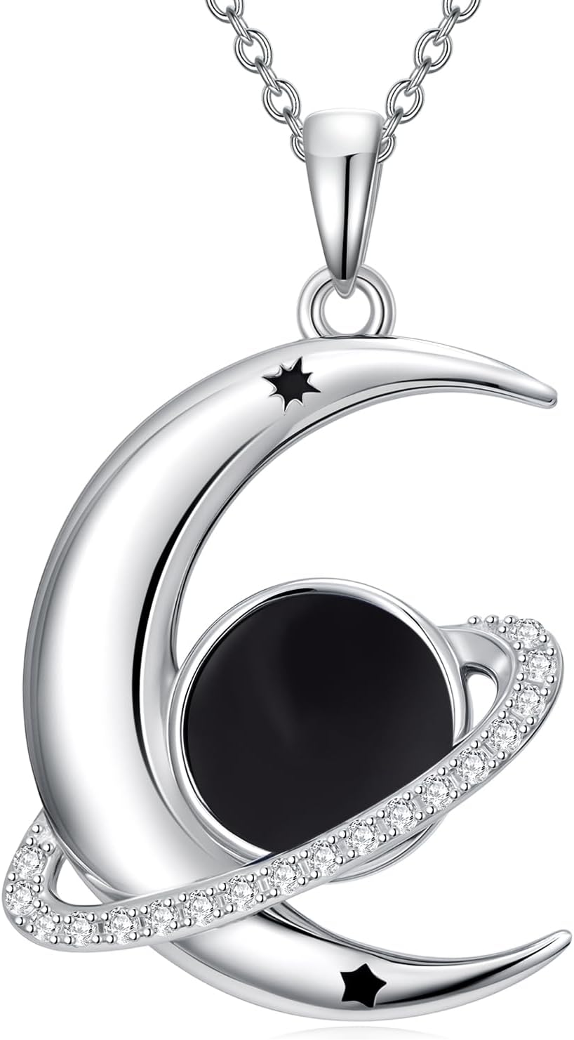 Moon and Planet Necklace Sterling Silver Gemstone Necklace for Women Space Planet Jewelry Christmas Gifts for Women Wife