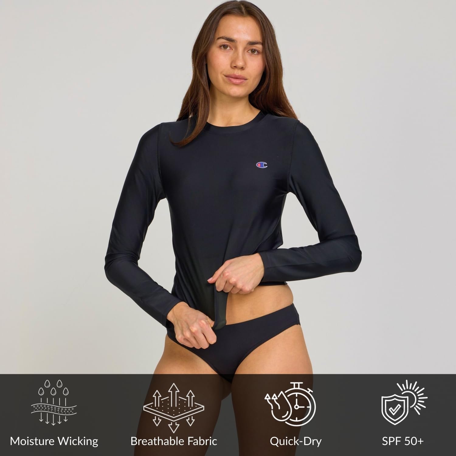 Champion Cropped Rash Guard for Women – Long Sleeve Swim Shirt Surf Water Top, Quick Dry Sun Shirt UPF 50+ UV Protection