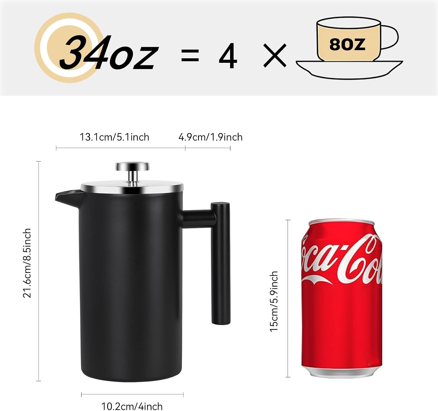 YOLIFE 34 OZ Large French Press, Premium Stainless Steel Sturdy Insulated French Press Coffee Maker, 4-8 Cups French Coffee Press, Tea Presses for Home Kitchen Caming Loose Tea, Elegant Black