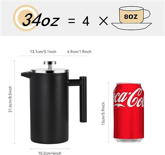YOLIFE 34 OZ Large French Press, Premium Stainless Steel Sturdy Insulated French Press Coffee Maker, 4-8 Cups French Coffee Press, Tea Presses for Home Kitchen Caming Loose Tea, Elegant Black