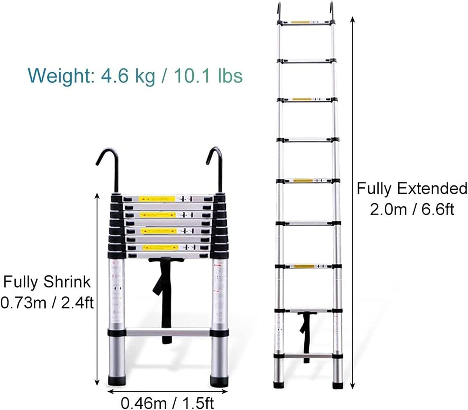 Lightweight Telescoping Ladder with Detachable Hook 330LB Capacity Portable Aluminum Extension for Home Attic RV Indoor & Outdoor Use 6.6ft (2.0m)