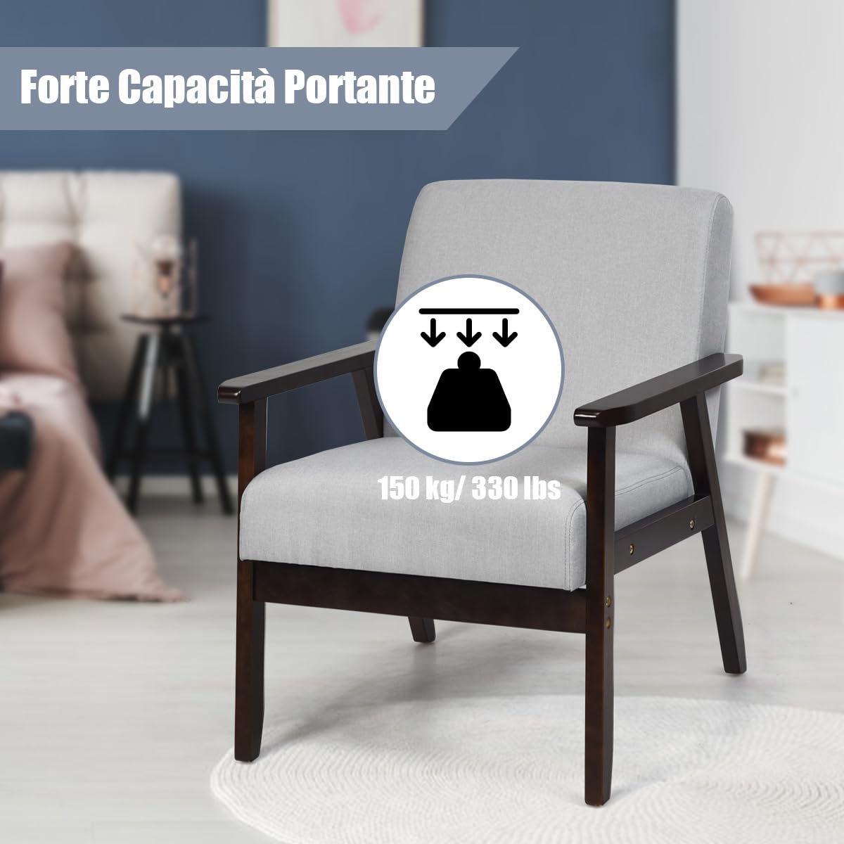 Poltrona Moderna Imbottita Con Cuscino Lombare - Sedia Relax Per Soggiorno, Gambe In Legno, Design Comodo Per Lettura E TV, Bianco/Naturale - 10
