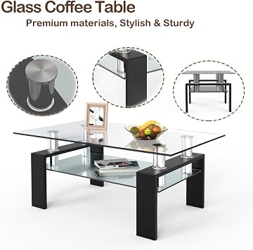 Multigot 2-Tier Coffee Table, Tempered Glass Rectangle Sofa Side Table with Metal Legs and Lower Storage Shelf, Modern Cocktail Center Table for Living Room Office (Black)