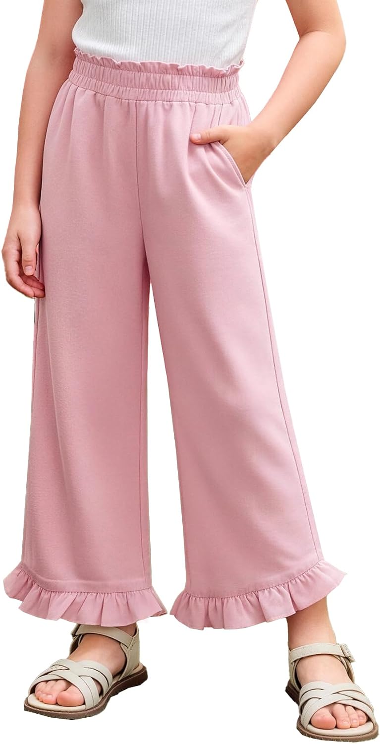 Girls Wide Leg Pants Ruffle Hem High Waist Kids Casual Trousers Dress Pants with Pockets 5-14 Years