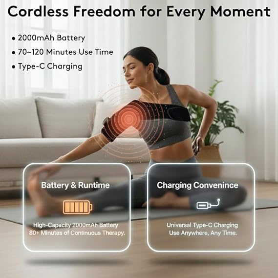 Cordless Shoulder Heating Pad with Vibration & Cold Gel Pack, Heat, Cool&Massage Support Wrap 6 Heat Level, 3 Vibration Mode, Adjustable Neoprene Shoulder Brace for Rotator Cuff Pain Relief Men&Women