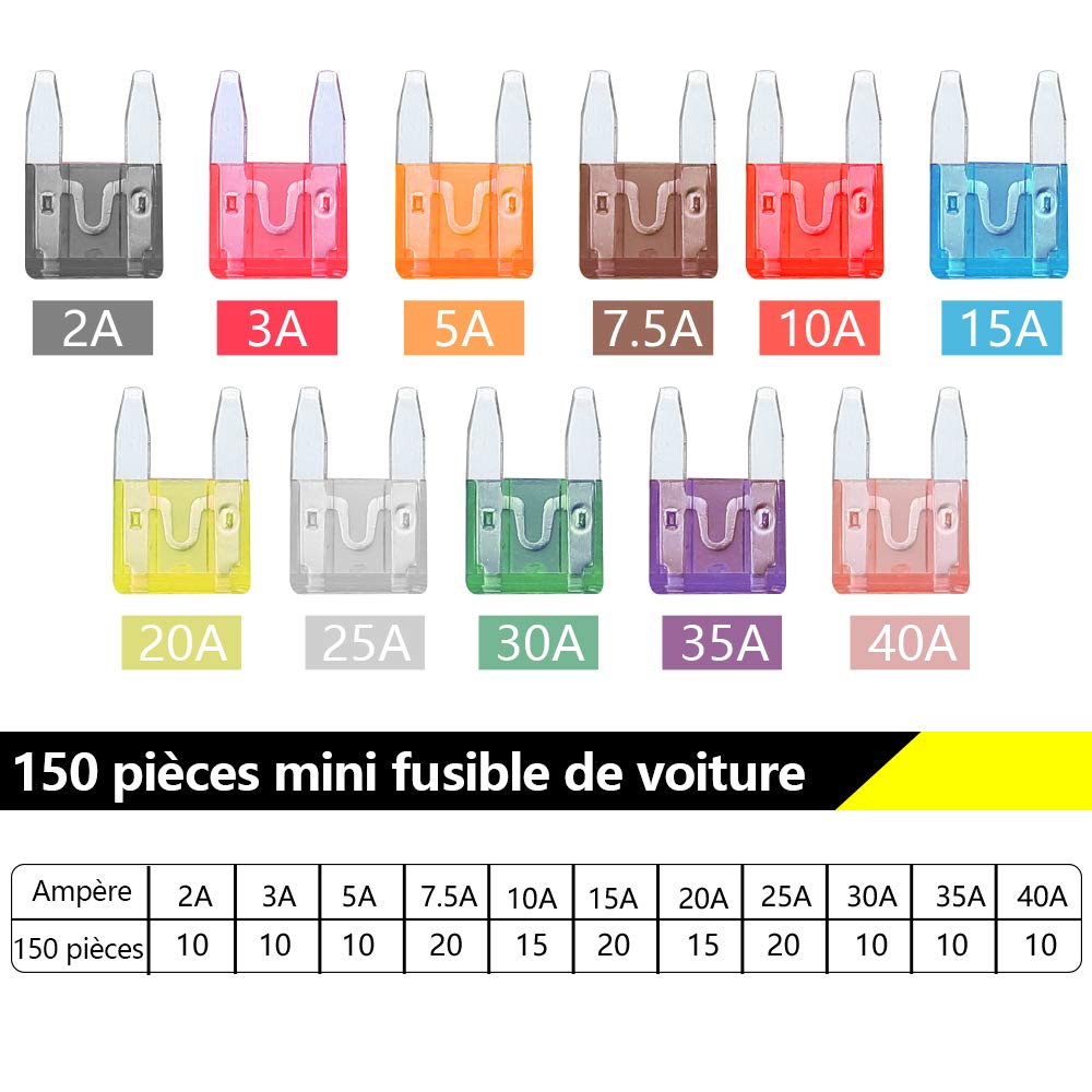 Rovtop Lot de 320 mini fusibles de voiture et fusibles standard avec coffret de rangement 2 A, 3 A, 5 A, 7,5 A, 10 A, 15 A, 20 A, 25 A, 30 A, 35 A, 40 A Rovtop Lot de 320 mini fusibles de voiture et fusibles standard avec coffret de rangement 2 A, 3 A, 5 A, 7,5 A, 10 A, 15 A, 20 A, 25 A, 30 A, 35 A, 40 A
