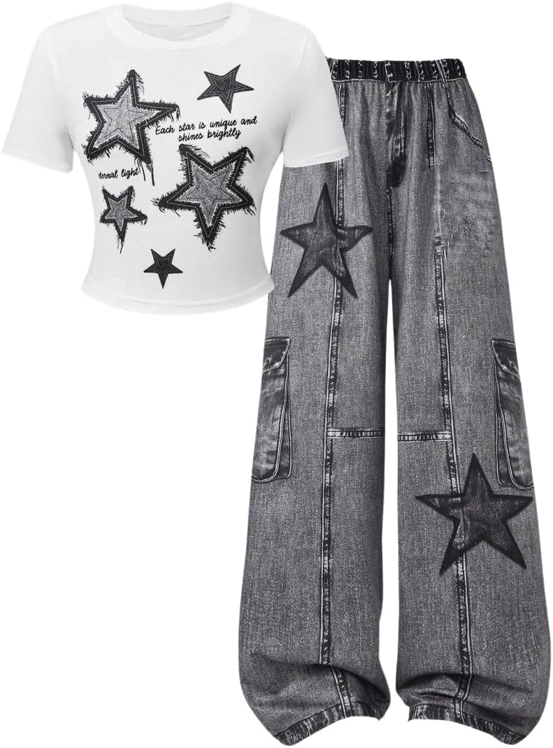 Teen Girls Clothes 2-Piece Star Print T-Shirt Star Printed Pants Summer Casual Outfit Set （Not Jeans）