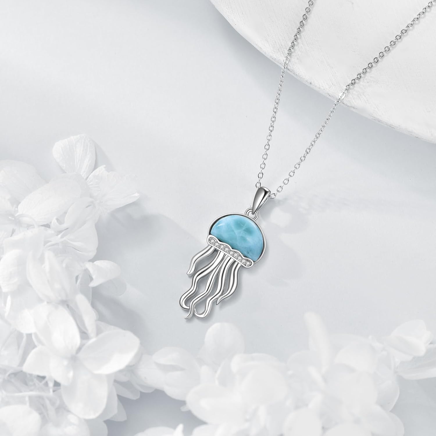 Jellyfish Necklace 925 Sterling Silver Larimar Necklace Ocean Jellyfish Larimar Jewelry for Women Men