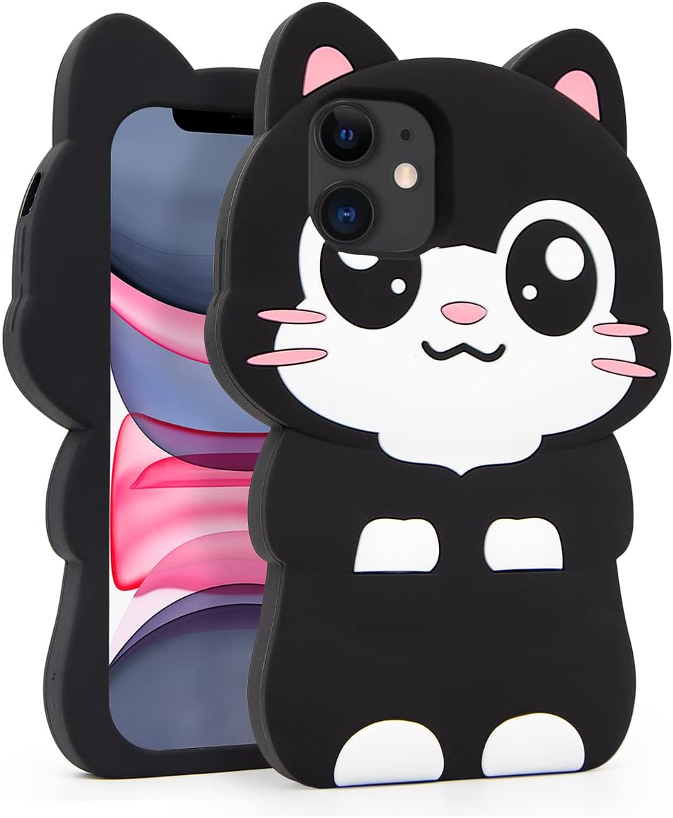 for Cute iPhone 11 case, Black Pocket Cat Kitty Funny 3D Cartoon Animals Kitten Pattern Case, Soft Silicone Full Protection Shockproof Cases Cover Skin for Girls Kids Women