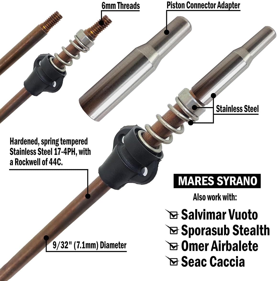 9/32” (7mm) Pneumatic Speargun Spear Shafts 17-4PH Hardened Stainless Steel Rockwell 44C with 6 mm Threads - Includes Slide Ring, Spring and Adapter