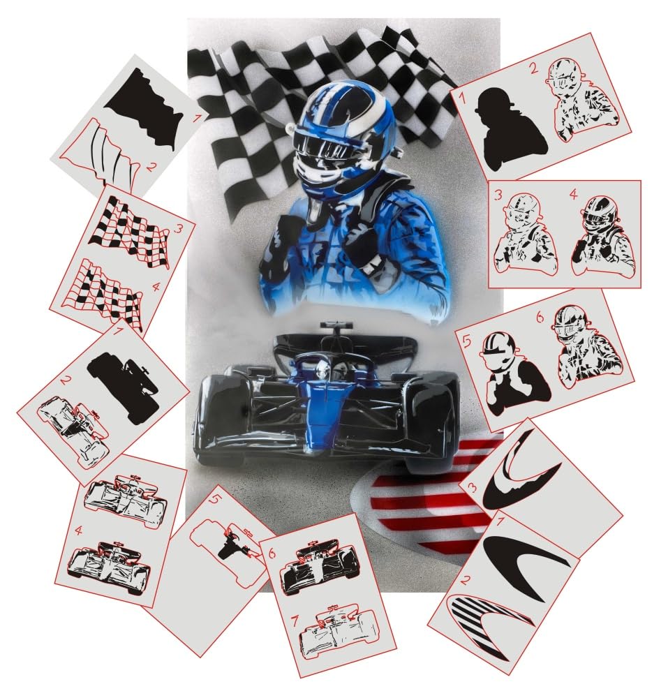 AS-373 Racing Set Step by Step Schablone für Acryl, Airbrush, Spray, Lacke und Wandfarbe Größe S