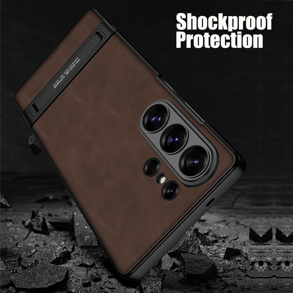 Leather Case for Samsung Galaxy S26 Ultra with Invisible Kickstand, Slim Luxury Vegan PU Leather & Hard PC Anti-Slip Rugged Shockproof Protective Cover for Samsung Galaxy S26 Ultra(Brown)