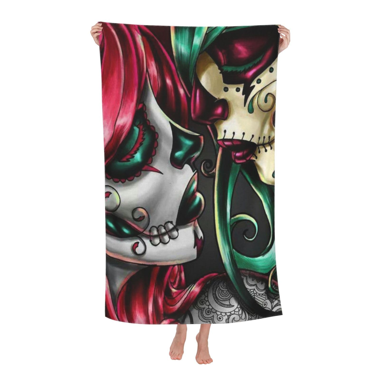 LSRCPD Beach Towel Halloween Sugar Skull Red and Green Hair Art Microfiber Beach Towels Blanket Oversized Tropical Big Extra Large XL Pool Towels Quick Dry Sandproof for Women Girls Kids