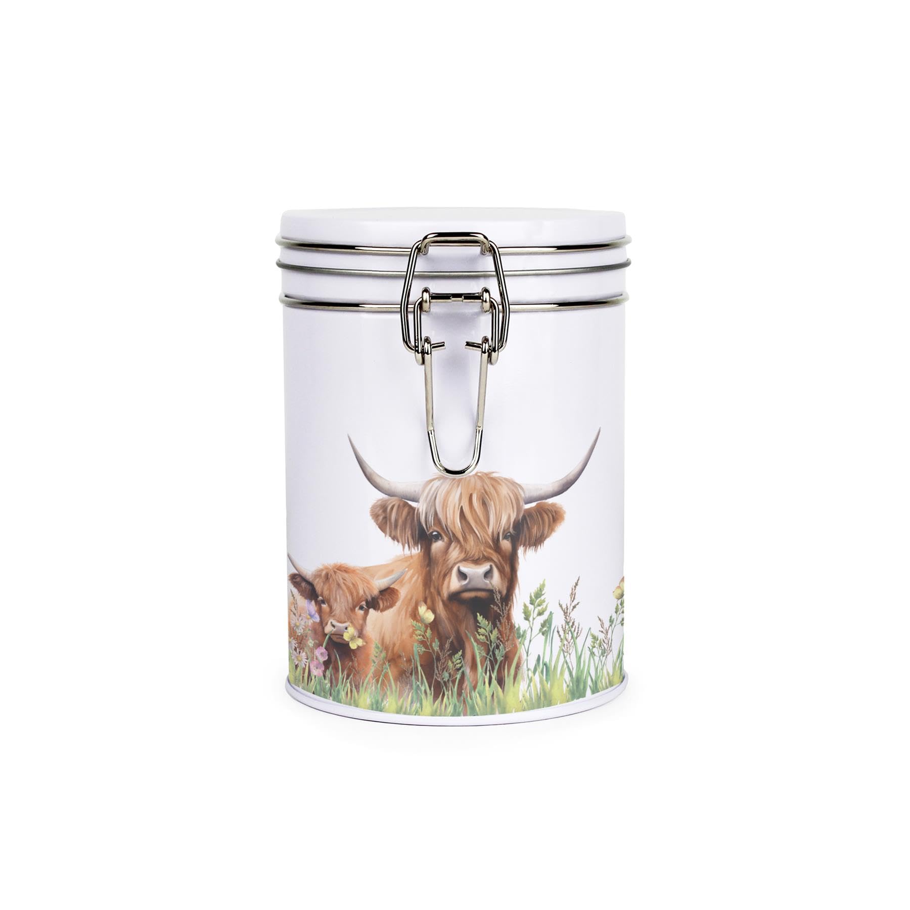 Purely Home Highland Cow & Calf Canister - Farmyard Animals Themed Farmhouse Décor Gifts - White Metal Clip Lid Kitchen Food Storage Jar/Container 700ml (13cm x 9.5cm)