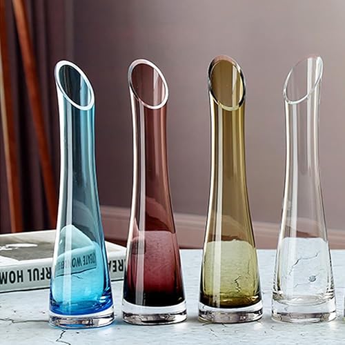 Miniatura 5 de Jarrón de cristal soplado hecho a mano con boca oblicua de un solo brote, base pesada, florero de flor de un solo tallo para flores y oficina,