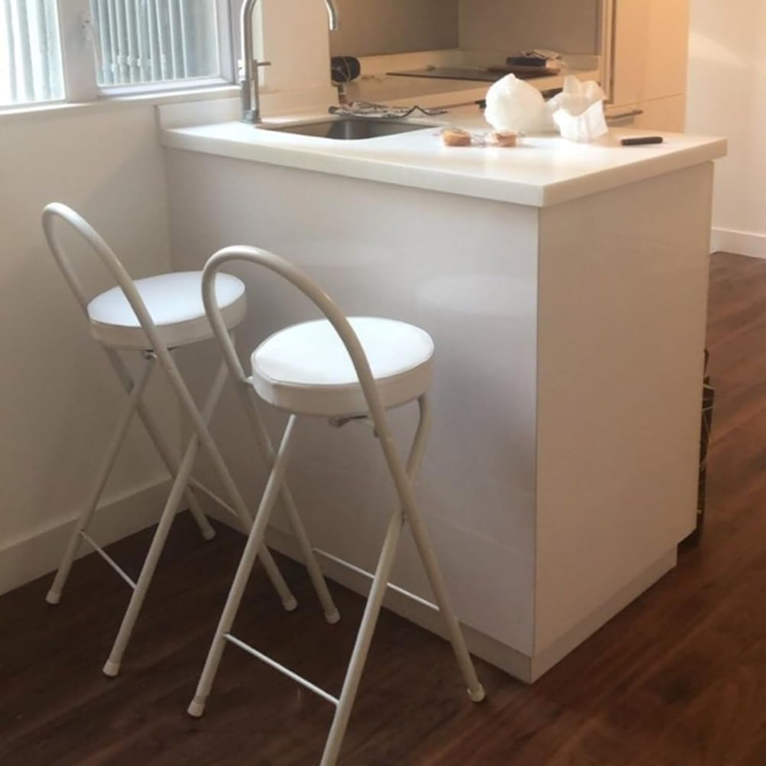Folding Breakfast Bar Stool, 26/28/30" Tall Chair with Padded Seat, Portable Round Counter Height Stool with Backrest, for Adults Outdoor Indoor (65Cm/26,Black 2 Pcs)/White 2 Pcs/65Cm/26