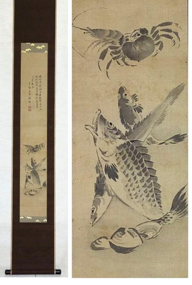 ♥【模写】　掛軸　小田海僊　画賛　桐箱付き　掛け軸　骨董品 Amazon.co.jp: ◎◎蔵くら◎模写 掛軸 小田海僊 画賛 海産物 桐